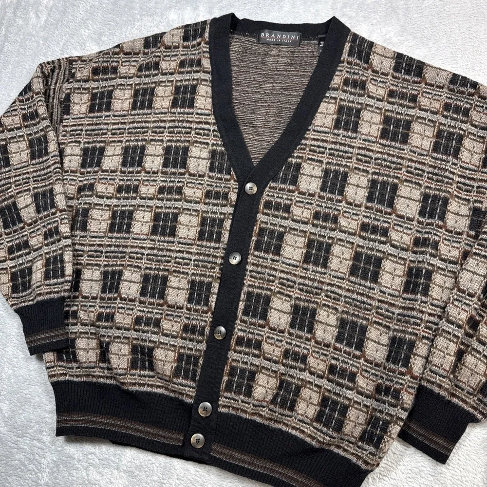 Vintage Brandini Cardigan Men XL Beige Black Wool Blend Grandpa